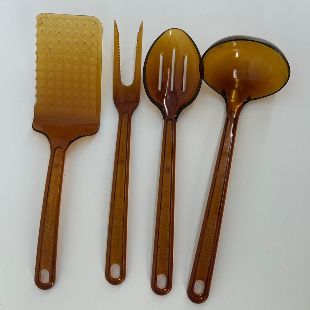 Ultra Temp Vintage Amber Brown Kitchen Utensil Set Ladle Spoon Spatula Fork 4pc